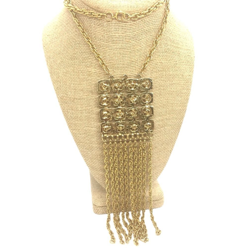 VINTAGE ETRUSCAN NECKLACE GOLD TONE WATERFALL TASSEL FRINGE PENDANT LARGE
